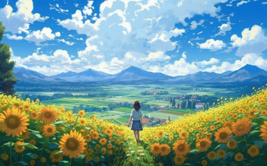 Fototapeta premium 夏のひまわり畑の風景と少女-水彩アニメ背景