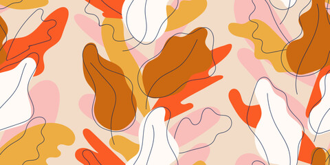 Abstract floral seamless pattern design. Hand drawn vector background with autumn leaves. Trendy seasonal organic detailed pattern design