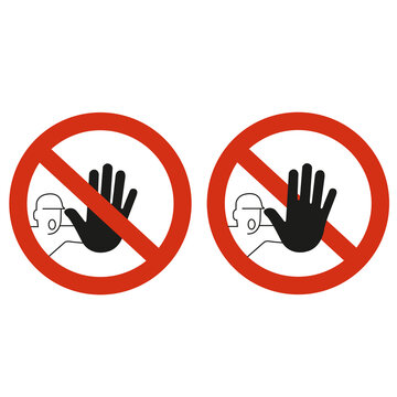 Icono de prohibido pasar, hombre trabajando sobre un fondo blanco liso y aislado. Vista de frente y de cerca. Copy space
