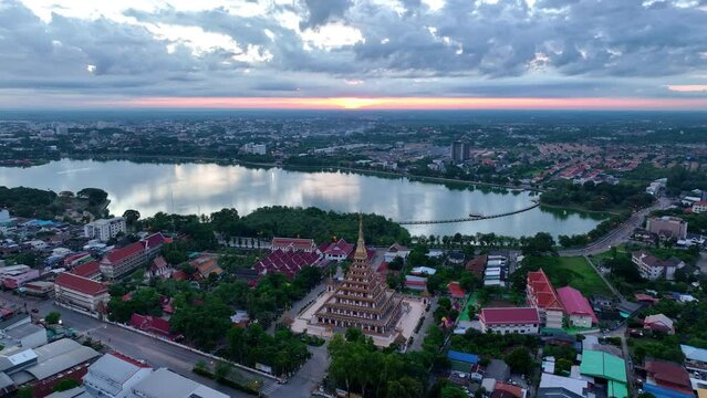 Aerial view of Khon Kaen city, Thailand in the morning and sunrise.