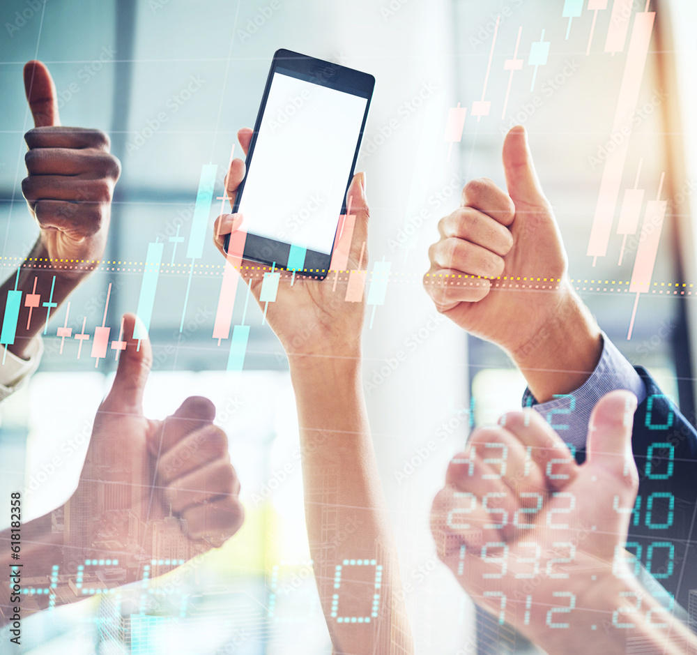 Poster phone mockup, overlay and people data, graphs or app and thumbs up for success, social media like or