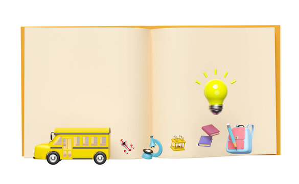 3d yellow school bus cartoon sign icon, transport students isolated. light bulb, accessories with microscope, open book, bag, pencil, school supplies, back to school 3d render