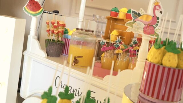 Birthday party decoration.Birthday Cake. Decorated children's birthday party with tasty cupcakes, the concept of celebrating the birthday of a child or girl. shower, baby