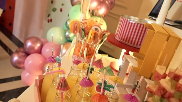 Birthday party decoration.Birthday Cake. Decorated children's birthday party with tasty cupcakes, the concept of celebrating the birthday of a child or girl. shower, baby