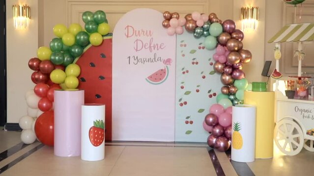Birthday party decoration.Birthday Cake. Decorated children's birthday party with tasty cupcakes, the concept of celebrating the birthday of a child or girl. shower, baby