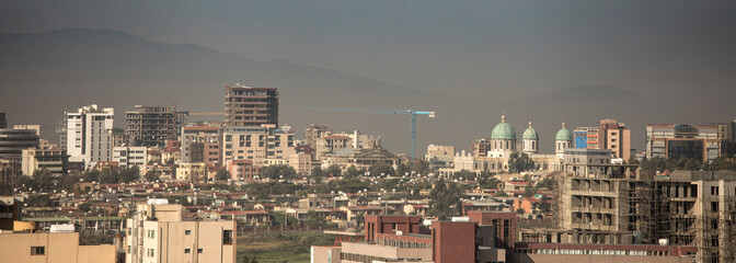 Panoramic view of the city of Addis Ababa, Ethiopia on a smoggy day.