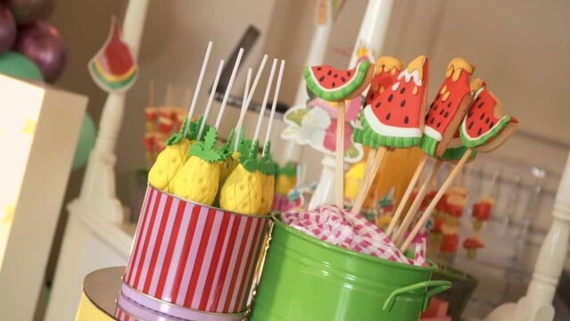 Birthday party decoration.Birthday Cake. Decorated children's birthday party with tasty cupcakes, the concept of celebrating the birthday of a child or girl. shower, baby