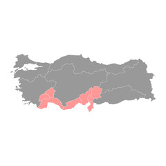 Mediterranean region map, administrative divisions of Turkey. Vector illustration.