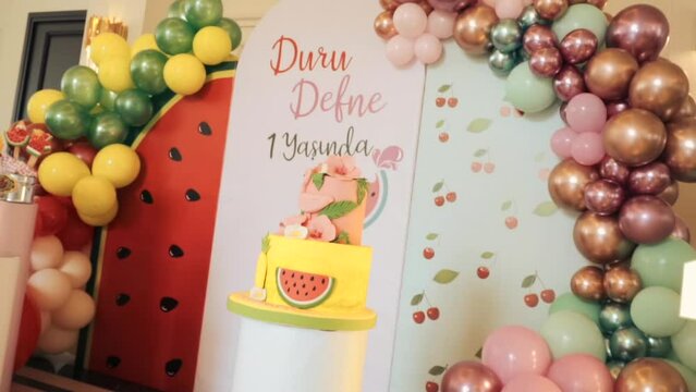 Birthday party decoration.Birthday Cake. Decorated children's birthday party with tasty cupcakes, the concept of celebrating the birthday of a child or girl. shower, baby