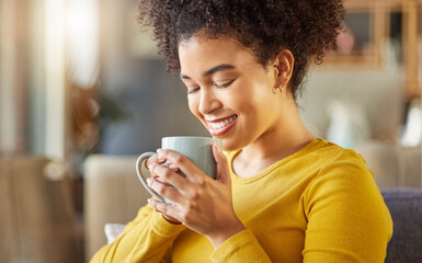 African woman, coffee and smile on sofa with scent, flavor and energy to start morning in apartment. Girl, happy and drink to relax with tea, matcha or espresso with smell, thinking and mug in house
