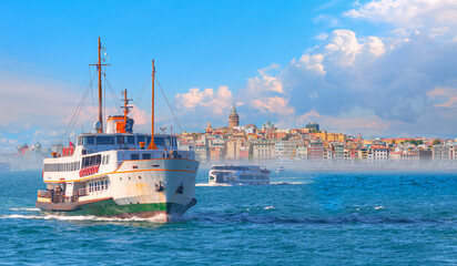 Sea voyage with old ferry (steamboat) in the Bosporus - Galata Tower, Galata Bridge, Karakoy...