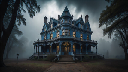 A Bone-Chilling 3D Illustration of a Haunted Building, Where Sinister Forces Lurk, Infusing the Atmosphere with Fear and Unsettling Desolation