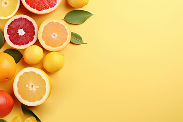 Summer composition made from oranges, lemon and green leaves on yellow background. Fruit minimal concept. Copy space.