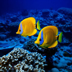 Carnivorous fish, in spectacular colors, swim in the coral reef of the blue ocean.
