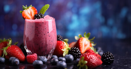 Freshly blended fruit smoothie in glass with raspberries, blueberries and strawberries. Copy space.
