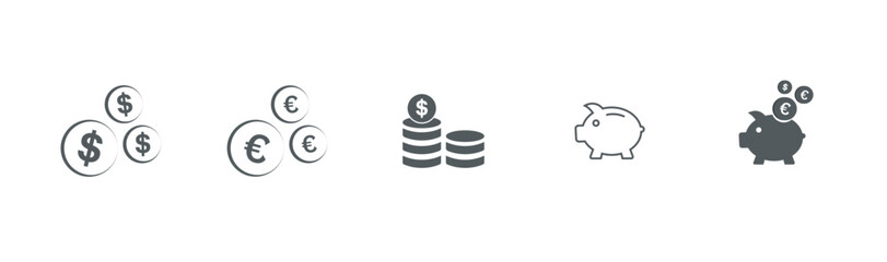 piggy bank savings icon. Stacks of coins icon set.Money dollar symbol on a white background