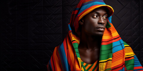 Afroamerikanischer Model Mann mit knallig Bunten sportlichen Designer Outfit und Mütze Porträt, ai generativ