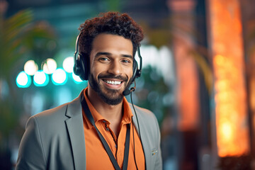 Young multiethnic call center agent man with beard wearing headset with a happy and cool smile on face at modern office.