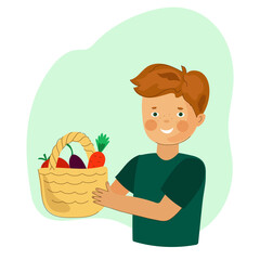  boy hold a basket of vegetables in his hands