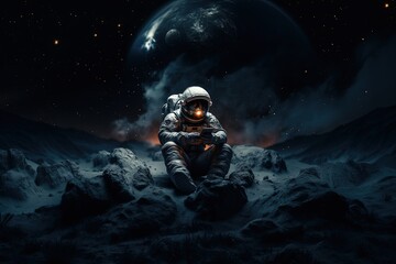 Lonely Astronaut using mobile phone in space, Generative ai Illustration © Natee Meepian