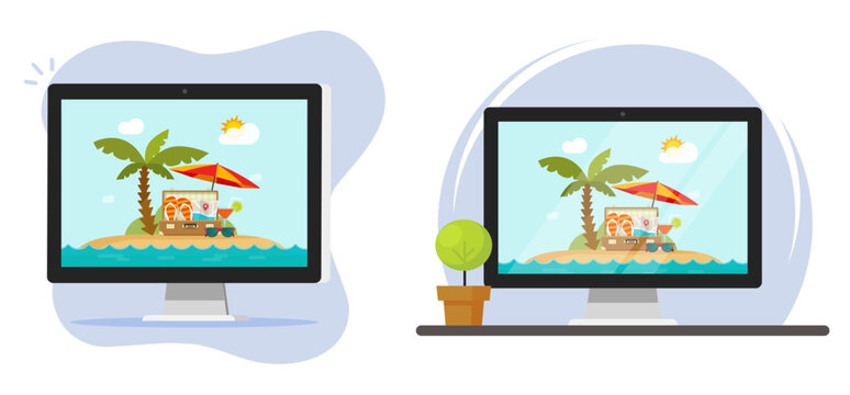 Travel tourism online digital on computer pc screen vector icon graphic image, trip vacation internet booking service, beach sea resort web application clipart modern design