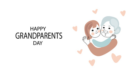 Grandmother and granddaughter hug each other.  Happy grandparents day. Vector doodle card illustration
