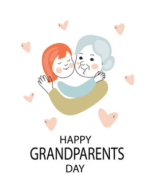 Grandmother and granddaughter hug each other.  Happy grandparents day. Vector doodle card illustration