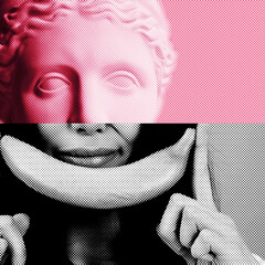 Abstracy plaster statue head holding banana like smile near her face in pop art style tinted pink, trendy contemporary collage