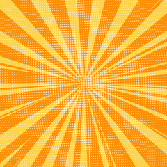 Bright comic pop art orange background, vector illustration in retro style. Rays diverging from the center to periphery against vintage comics halftone background