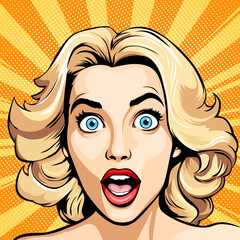 Surprised happy excited young attractive blonde woman with wide open blue eyes and open mouth, vector illustration in vintage pop art comic style - obrazy, fototapety, plakaty