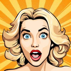  Surprised happy excited young attractive blonde woman with wide open blue eyes and open mouth, vector illustration in vintage pop art comic style © Khorzhevska