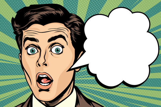 Surprised young man with wide open eyes, open mouth and speech bubble, vector illustration in retro pop art comic style