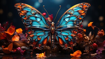 Fototapeta na wymiar a blue butterfly sitting on top of a flower covered ground. generative ai
