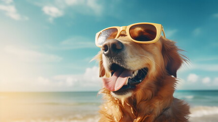 happy retriever dog wearing sunglasses at the beach with copy space, made with generative ai