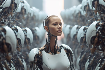Cyborg woman standing between row of robots from both sides. Technology, AI, Humanoid robot and future concept. - obrazy, fototapety, plakaty