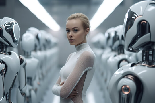 Cyborg woman standing between row of robots from both sides. Technology, AI, Humanoid robot and future concept.