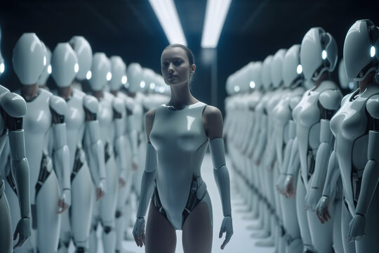 Cyborg woman standing between row of robots from both sides. Technology, AI, Humanoid robot and future concept.