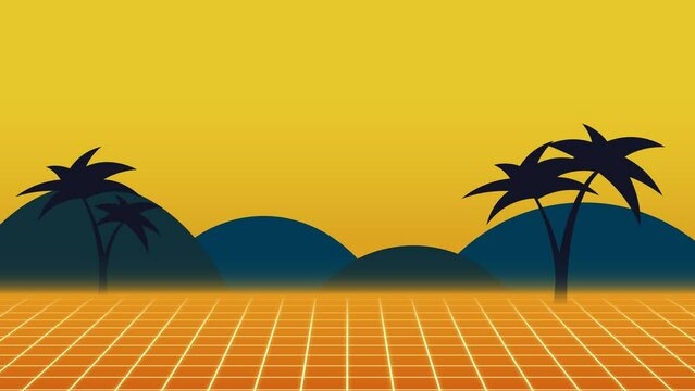 mountain with summer palm with retro grid animation, abstract, music and 80's background