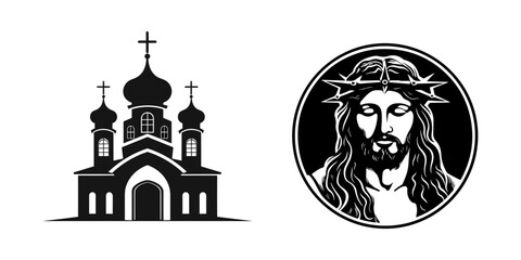 Vector Jesus Christ face silhouette. Hand drawn vector illustration. Black Jesus icon logo and silhouette of Christian church house 