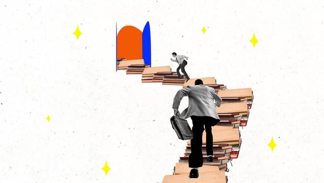 Stop motion, 2D animation with business men running upstairs made of books. Concept of education, self-development, personal growth, goal achievement.