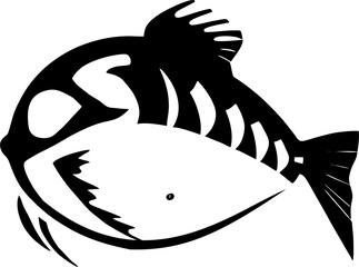 black graphic drawing stylized fish on a white background, logotype, design