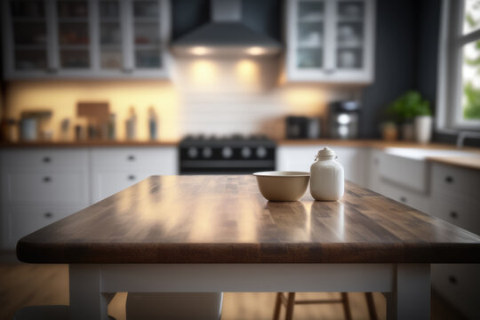 Table top with blurred kitchen background. High quality photo