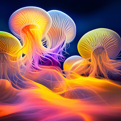 Illustration of a glowing sea jellyfishes underwater created with AI generator
