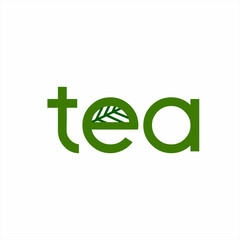 Vector illustration. tea. Tea word design with tea leaf symbol on letter E.