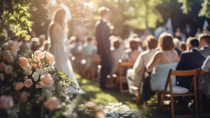 Defocused people at the wedding ceremony. In the foreground there is a decoration of flowers. AI generated.