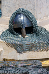 historical soldiers helmet and chain mail vest