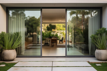 Obraz premium Modern aesthetic glass entrance to a building or villa, sliding glass door. AI generated.