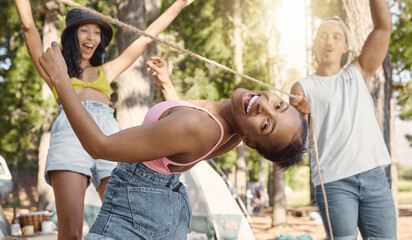 Happy, portrait and friends playing limbo for freedom, holiday games and camping activity. Smile, summer and a black woman having fun with a rope and social people while on vacation in a forest - obrazy, fototapety, plakaty