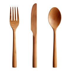 Set of Cutlery of wood wooden spoon, fork knife on transparent background cutout, PNG file. Mockup...