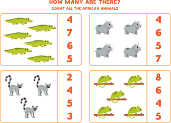 Fototapeta na wymiar Counting game with cute African animals. Educational worksheet.